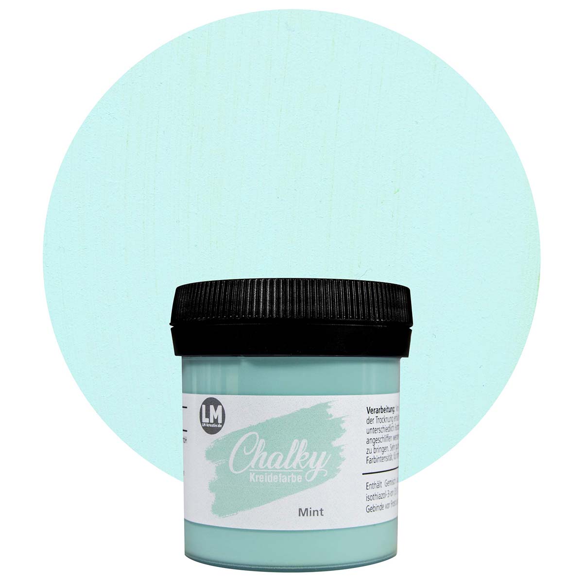 Produktabbildung der LM Kreativ Chalky Kreidefarbe in Mint mit 100 ml Inhalt in kleiner Kunststoffdose mit schwarzem Schraubdeckel.