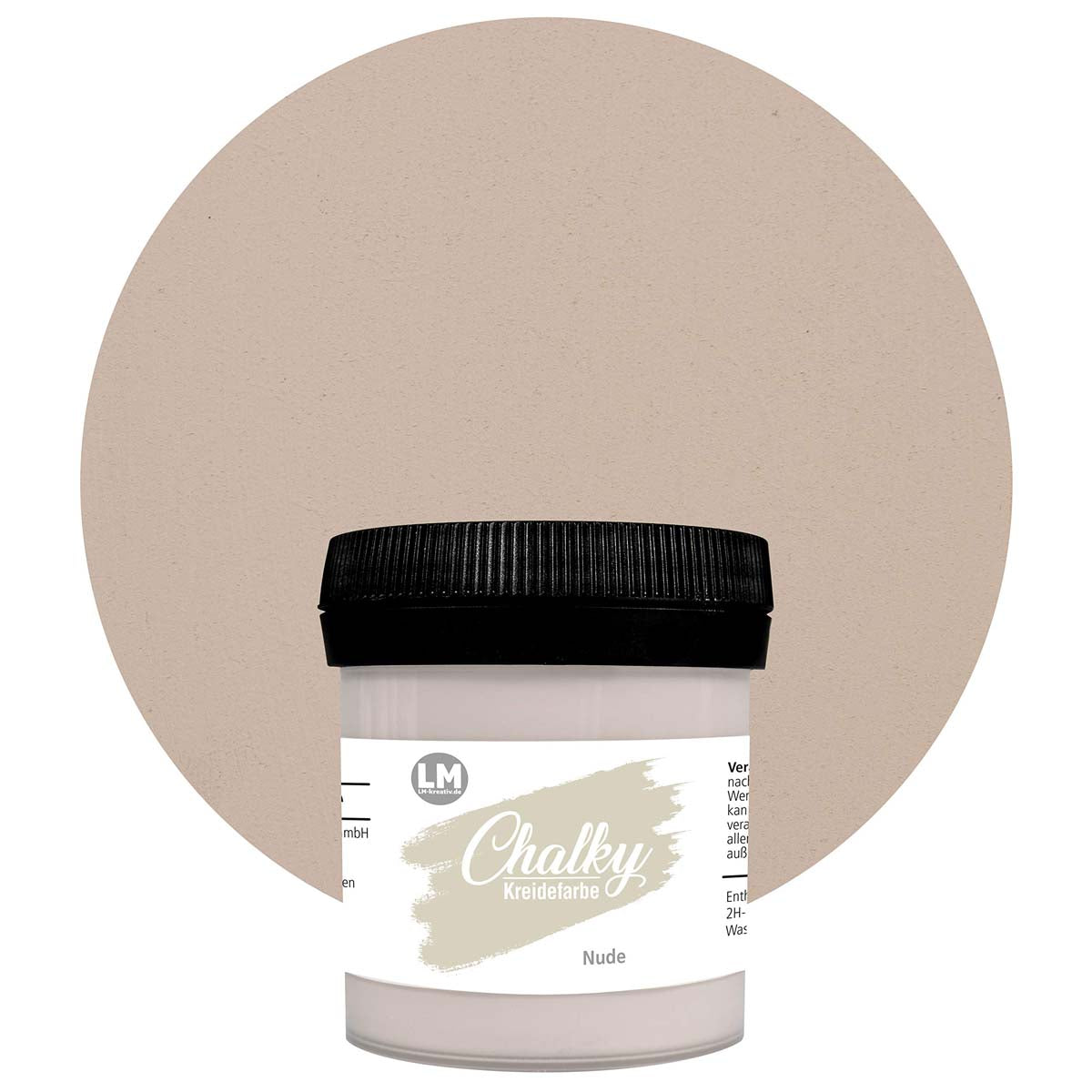 Produktabbildung der LM Kreativ Chalky Kreidefarbe in Nude mit 100 ml Inhalt in kleiner Kunststoffdose mit schwarzem Schraubdeckel.
