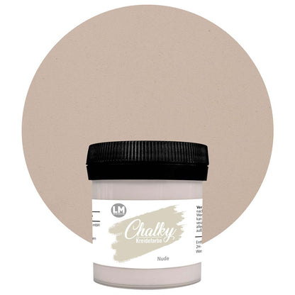 Produktabbildung der LM Kreativ Chalky Kreidefarbe in Nude mit 100 ml Inhalt in kleiner Kunststoffdose mit schwarzem Schraubdeckel.
