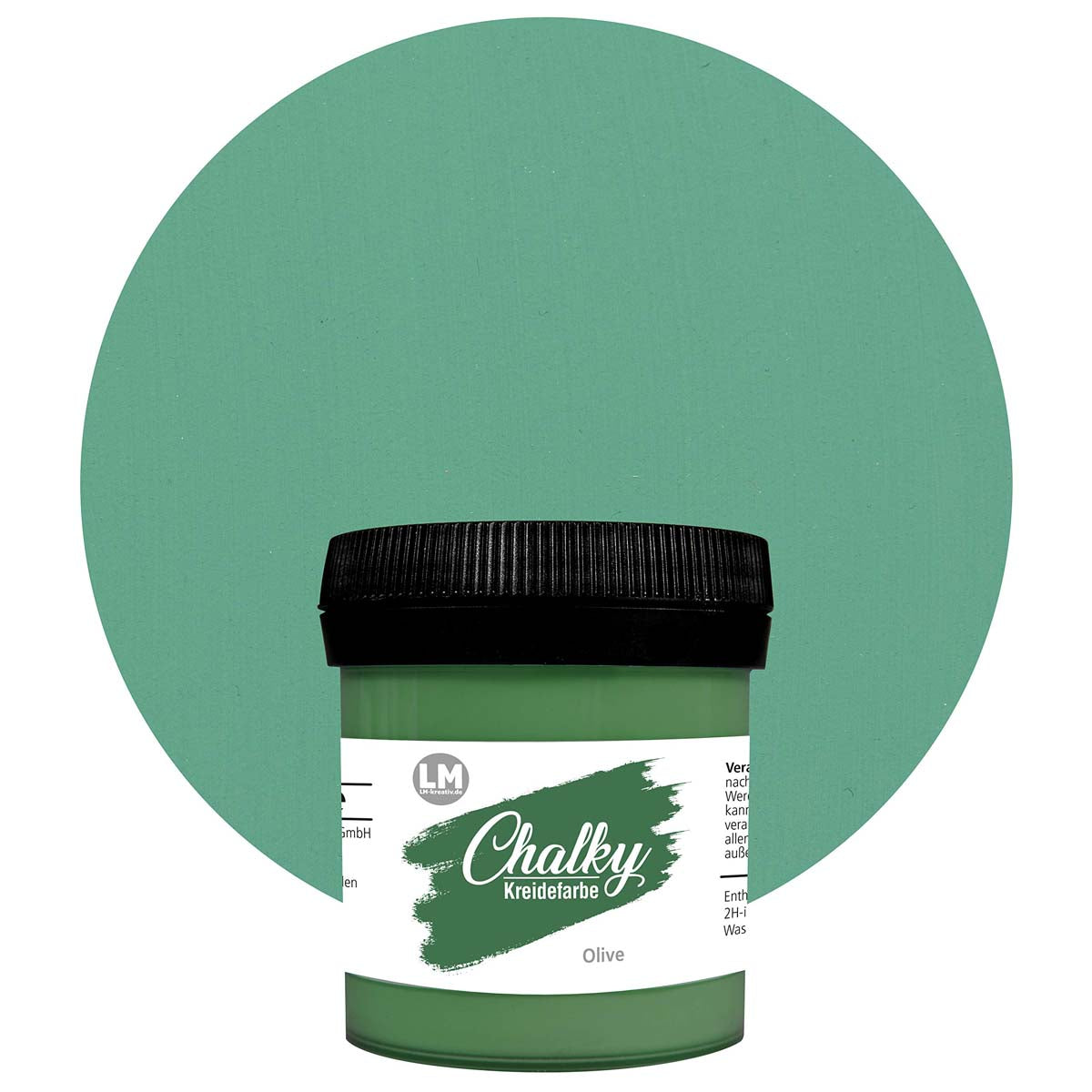 Produktabbildung der LM Kreativ Chalky Kreidefarbe in Olive mit 100 ml Inhalt in kleiner Kunststoffdose mit schwarzem Schraubdeckel.