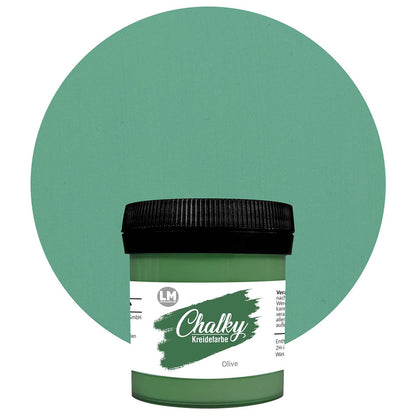 Produktabbildung der LM Kreativ Chalky Kreidefarbe in Olive mit 100 ml Inhalt in kleiner Kunststoffdose mit schwarzem Schraubdeckel.