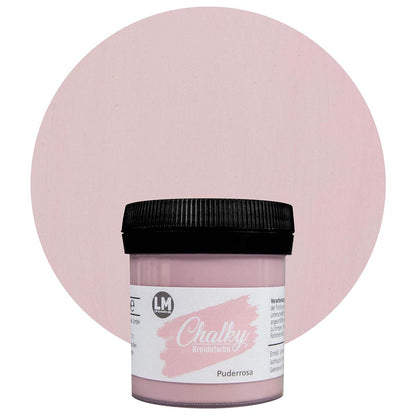 Produktabbildung der LM Kreativ Chalky Kreidefarbe in Pastell Rosa mit 100 ml Inhalt in kleiner Kunststoffdose mit schwarzem Schraubdeckel.