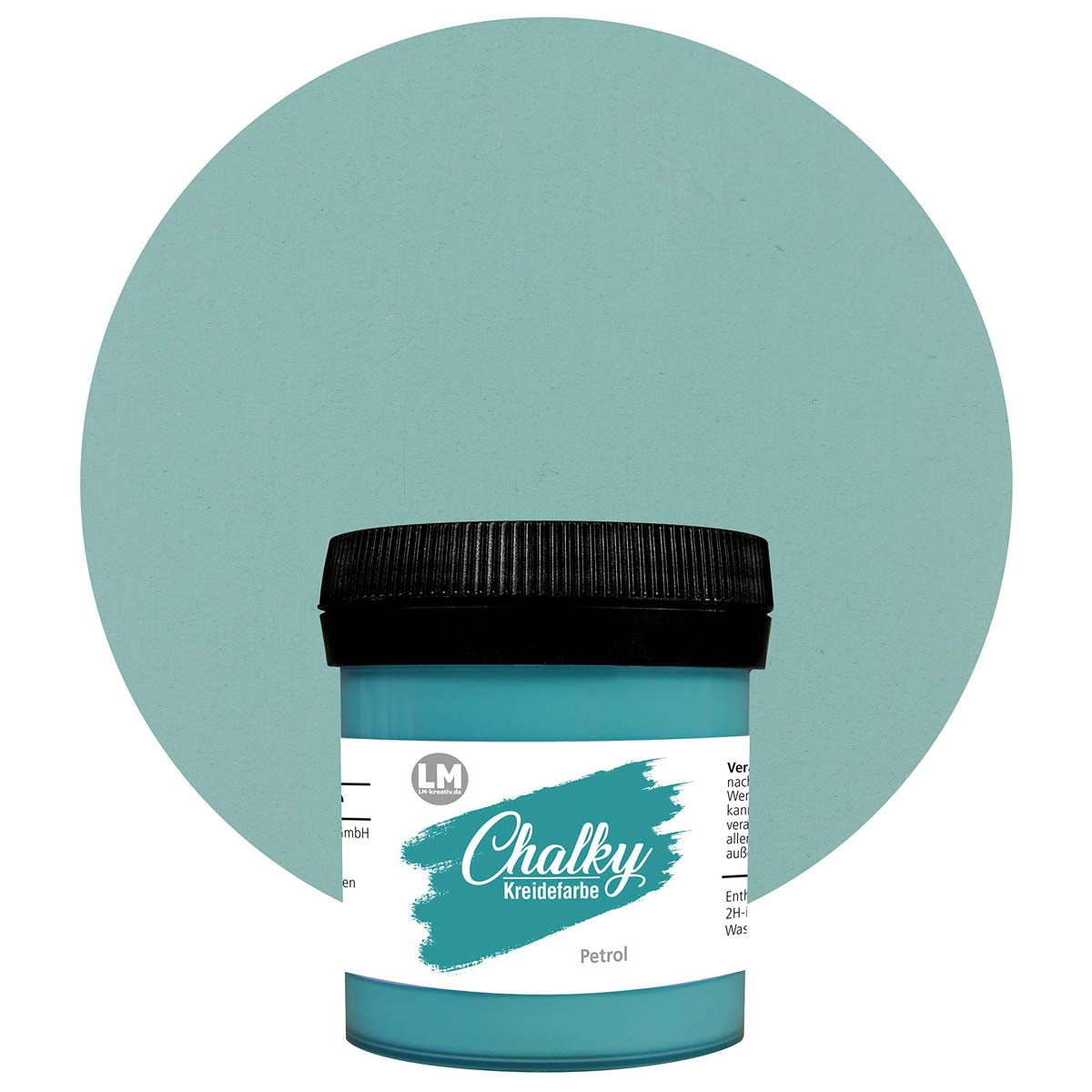 Produktabbildung der LM Kreativ Chalky Kreidefarbe in Petrol mit 100 ml Inhalt in kleiner Kunststoffdose mit schwarzem Schraubdeckel.