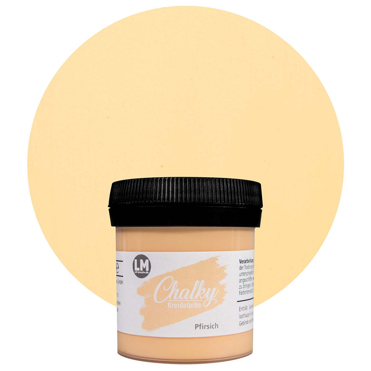 Produktabbildung der LM Kreativ Chalky Kreidefarbe in Pfirsich mit 100 ml Inhalt in kleiner Kunststoffdose mit schwarzem Schraubdeckel.
