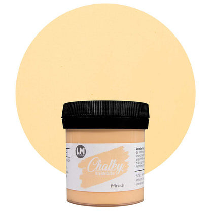 Produktabbildung der LM Kreativ Chalky Kreidefarbe in Pfirsich mit 100 ml Inhalt in kleiner Kunststoffdose mit schwarzem Schraubdeckel.