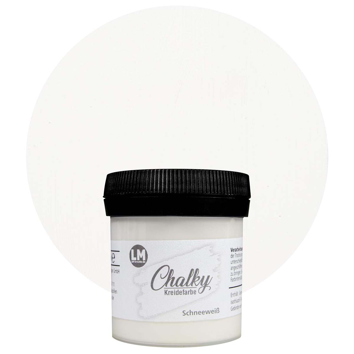Produktabbildung der LM Kreativ Chalky Kreidefarbe in Schneeweiss mit 100 ml Inhalt in kleiner Kunststoffdose mit schwarzem Schraubdeckel.