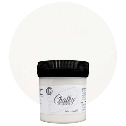 Produktabbildung der LM Kreativ Chalky Kreidefarbe in Schneeweiss mit 100 ml Inhalt in kleiner Kunststoffdose mit schwarzem Schraubdeckel.