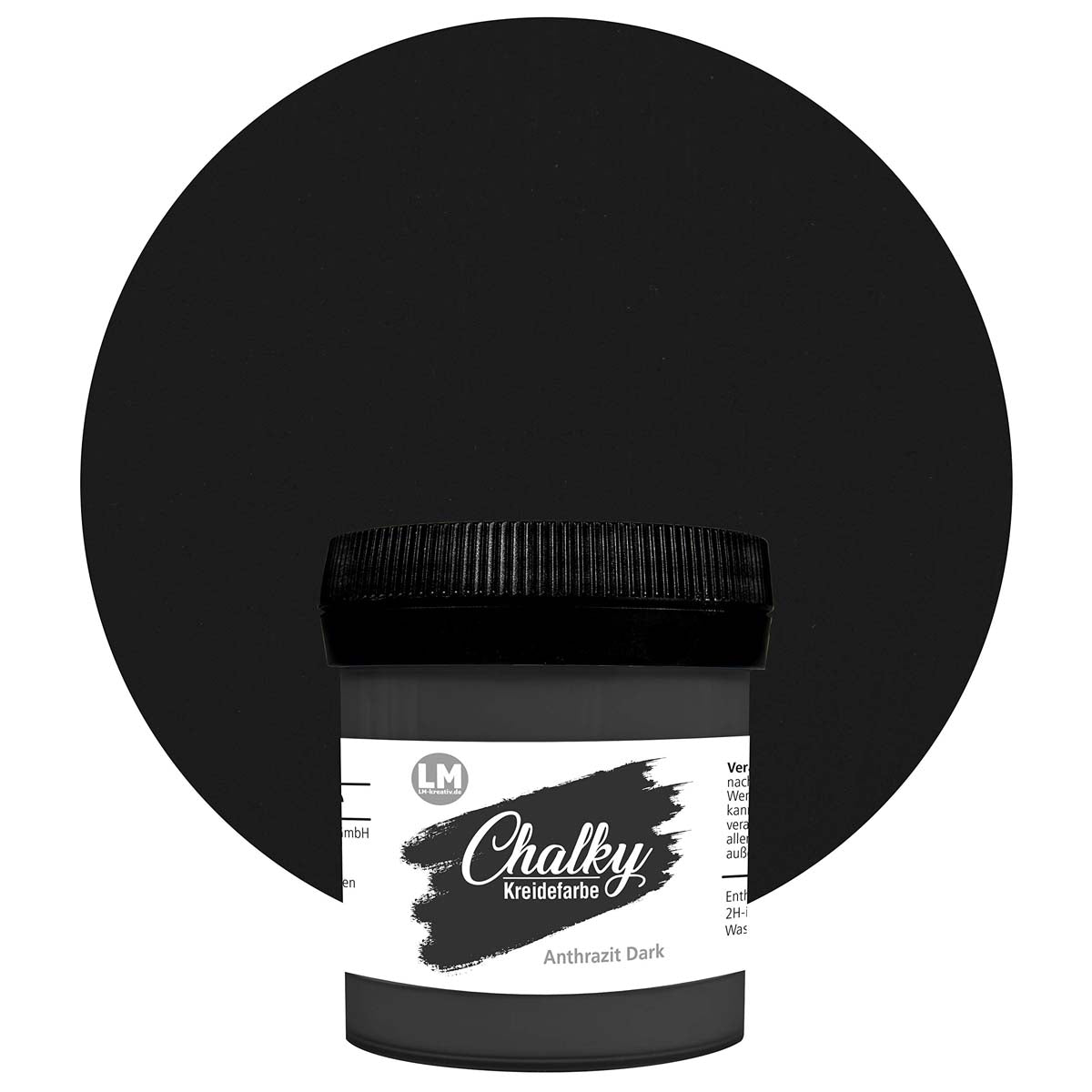 Produktabbildung der LM Kreativ Chalky Kreidefarbe in Schwarz mit 100 ml Inhalt in kleiner Kunststoffdose mit schwarzem Schraubdeckel.