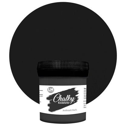 Produktabbildung der LM Kreativ Chalky Kreidefarbe in Schwarz mit 100 ml Inhalt in kleiner Kunststoffdose mit schwarzem Schraubdeckel.