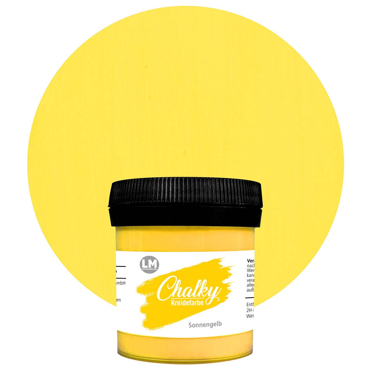 Produktabbildung der LM Kreativ Chalky Kreidefarbe in Sonnengelb mit 100 ml Inhalt in kleiner Kunststoffdose mit schwarzem Schraubdeckel.