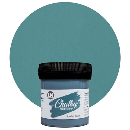 Produktabbildung der LM Kreativ Chalky Kreidefarbe in Taubenblau mit 100 ml Inhalt in kleiner Kunststoffdose mit schwarzem Schraubdeckel.