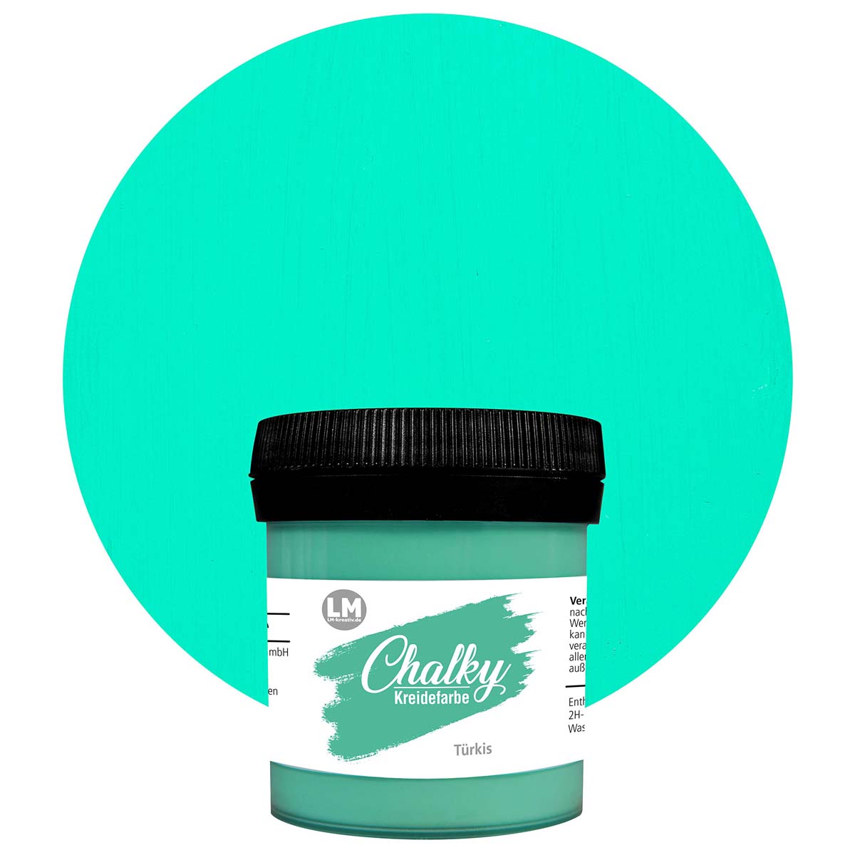 Produktabbildung der LM Kreativ Chalky Kreidefarbe in Tuerkis mit 100 ml Inhalt in kleiner Kunststoffdose mit schwarzem Schraubdeckel.