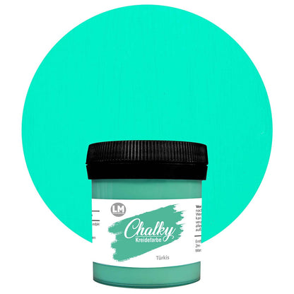 Produktabbildung der LM Kreativ Chalky Kreidefarbe in Tuerkis mit 100 ml Inhalt in kleiner Kunststoffdose mit schwarzem Schraubdeckel.
