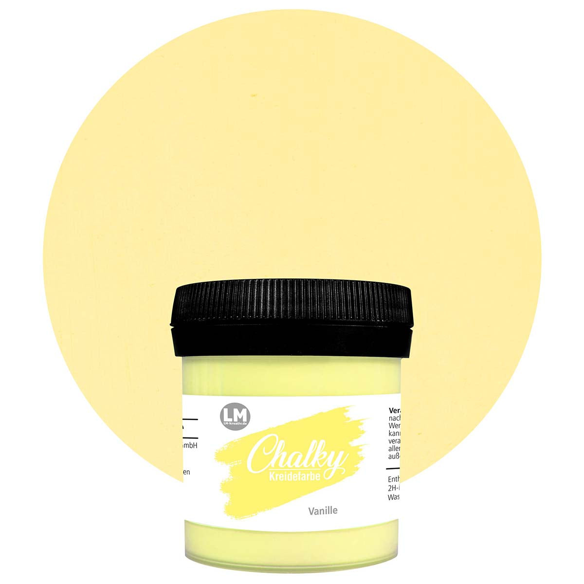 Produktabbildung der LM Kreativ Chalky Kreidefarbe in Vanille mit 100 ml Inhalt in kleiner Kunststoffdose mit schwarzem Schraubdeckel.