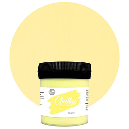 Produktabbildung der LM Kreativ Chalky Kreidefarbe in Vanille mit 100 ml Inhalt in kleiner Kunststoffdose mit schwarzem Schraubdeckel.