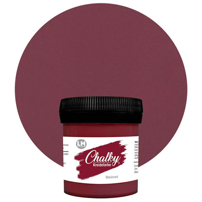 Produktabbildung der LM Kreativ Chalky Kreidefarbe in Weinrot mit 100 ml Inhalt in kleiner Kunststoffdose mit schwarzem Schraubdeckel.