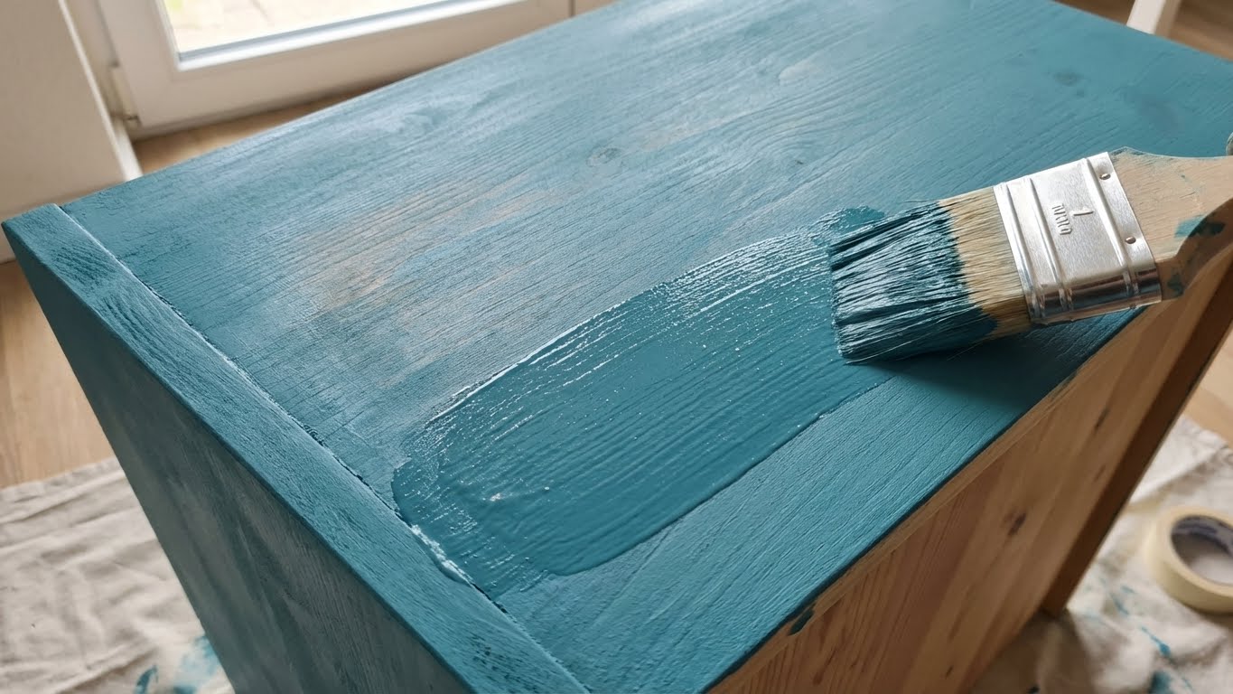 Auftragen der LM Kreativ Chalky Moebelfarbe in Petrol mit einem Pinsel auf eine Holzoberflaeche.