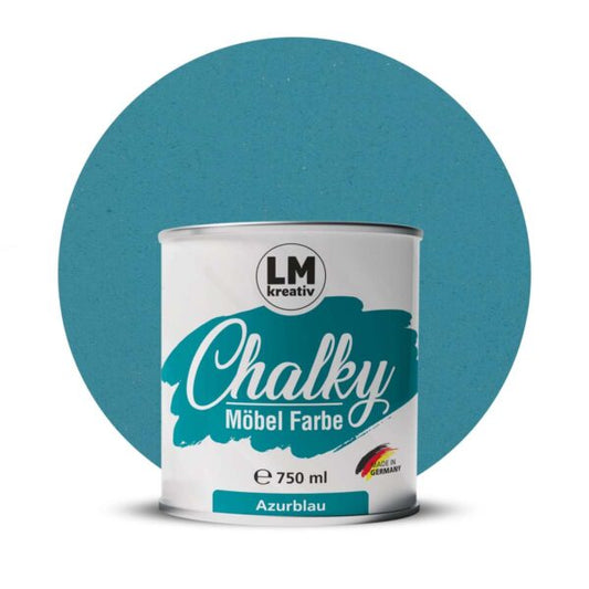 Produktabbildung der LM Kreativ Chalky Moebelfarbe in Azurblau mit 750 ml Inhalt in runder Farbdose mit mattem Kreidefarben Finish.
