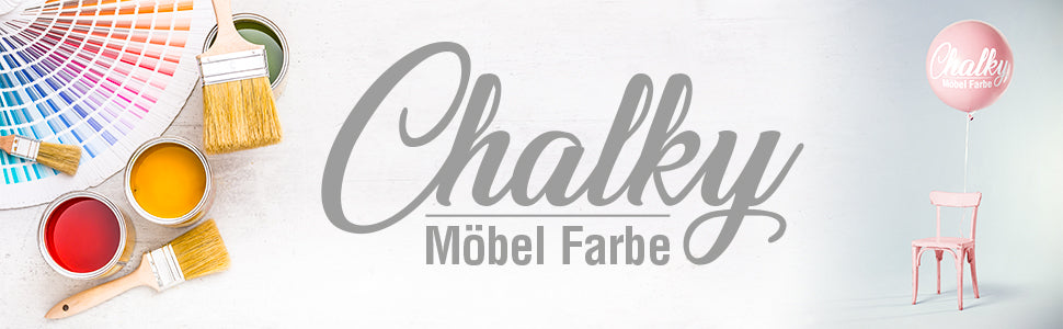 Werbebanner der LM Kreativ Chalky Moebelfarbe mit Farbfaecher, Pinseln und Farbdosen sowie Schriftzug Chalky Moebel Farbe.