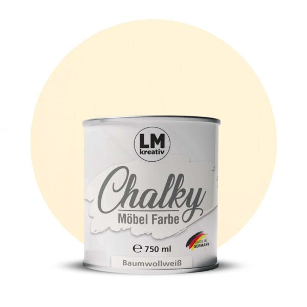 Produktabbildung der LM Kreativ Chalky Moebelfarbe in Baumwollweiss mit 750 ml Inhalt in runder Farbdose mit mattem Kreidefarben Finish.