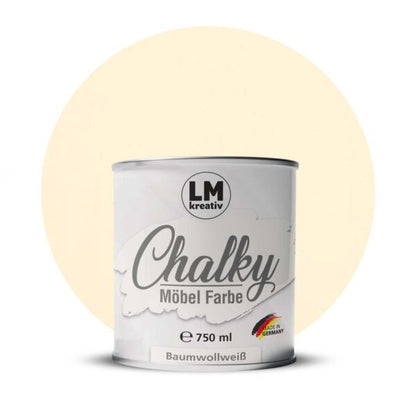Produktabbildung der LM Kreativ Chalky Moebelfarbe in Baumwollweiss mit 750 ml Inhalt in runder Farbdose mit mattem Kreidefarben Finish.