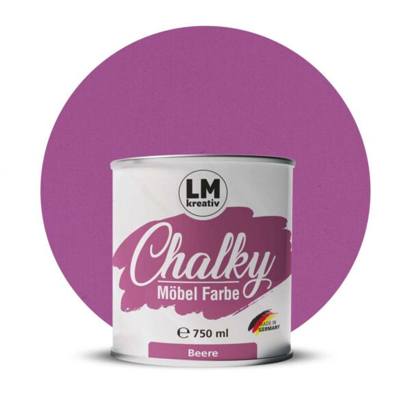 Produktabbildung der LM Kreativ Chalky Moebelfarbe in Beere mit 750 ml Inhalt in runder Farbdose mit mattem Kreidefarben Finish.