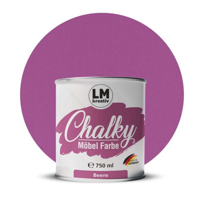 Produktabbildung der LM Kreativ Chalky Moebelfarbe in Beere mit 750 ml Inhalt in runder Farbdose mit mattem Kreidefarben Finish.