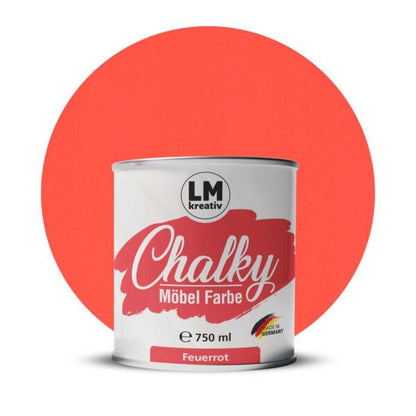 Produktabbildung der LM Kreativ Chalky Moebelfarbe in Feuerrot mit 750 ml Inhalt in runder Farbdose mit mattem Kreidefarben Finish.