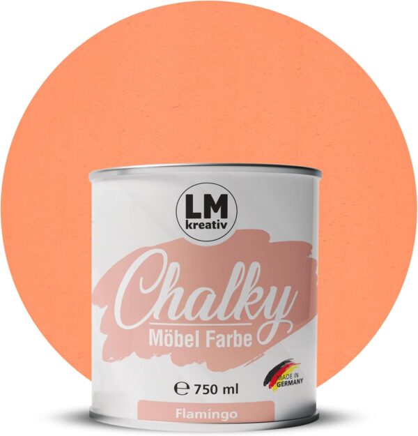 Produktabbildung der LM Kreativ Chalky Moebelfarbe in Flamingo mit 750 ml Inhalt in runder Farbdose mit mattem Kreidefarben Finish.