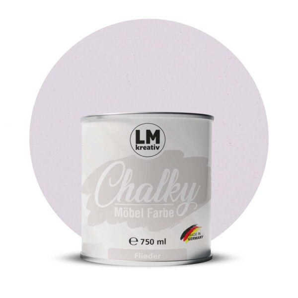 Produktabbildung der LM Kreativ Chalky Moebelfarbe in Flieder mit 750 ml Inhalt in runder Farbdose mit mattem Kreidefarben Finish.