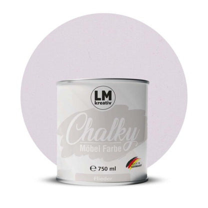 Produktabbildung der LM Kreativ Chalky Moebelfarbe in Flieder mit 750 ml Inhalt in runder Farbdose mit mattem Kreidefarben Finish.