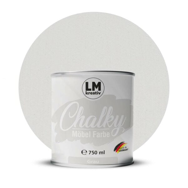 Produktabbildung der LM Kreativ Chalky Moebelfarbe in Grau mit 750 ml Inhalt in runder Farbdose mit mattem Kreidefarben Finish.