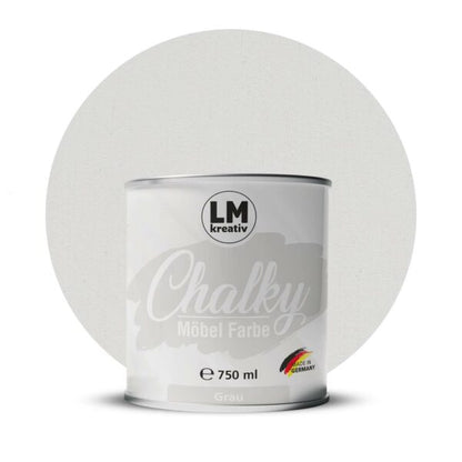 Produktabbildung der LM Kreativ Chalky Moebelfarbe in Grau mit 750 ml Inhalt in runder Farbdose mit mattem Kreidefarben Finish.