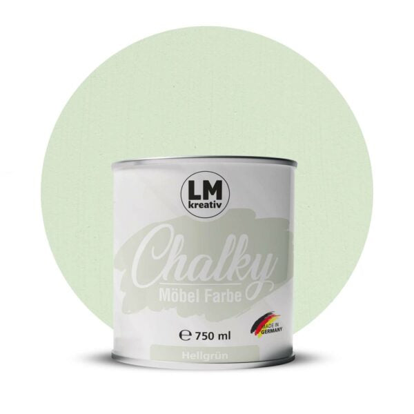 Produktabbildung der LM Kreativ Chalky Moebelfarbe in Hellgruen mit 750 ml Inhalt in runder Farbdose mit mattem Kreidefarben Finish.