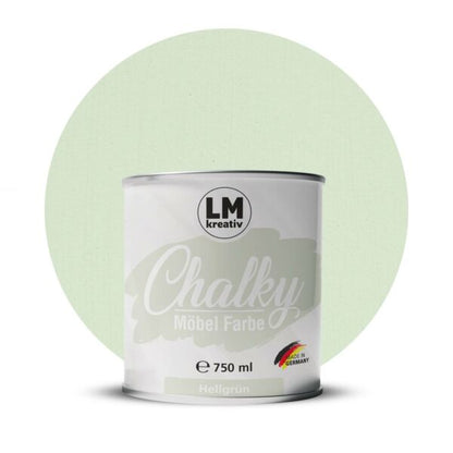 Produktabbildung der LM Kreativ Chalky Moebelfarbe in Hellgruen mit 750 ml Inhalt in runder Farbdose mit mattem Kreidefarben Finish.