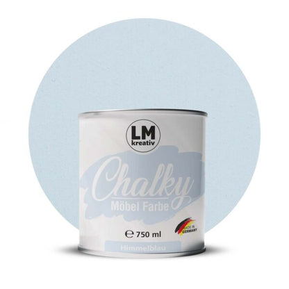 Produktabbildung der LM Kreativ Chalky Moebelfarbe in Himmelblau mit 750 ml Inhalt in runder Farbdose mit mattem Kreidefarben Finish.