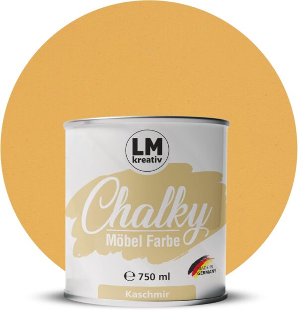 Produktabbildung der LM Kreativ Chalky Moebelfarbe in Kaschmir mit 750 ml Inhalt in runder Farbdose mit mattem Kreidefarben Finish.