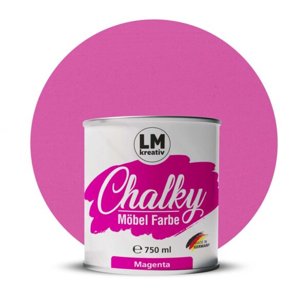 Produktabbildung der LM Kreativ Chalky Moebelfarbe in Magenta mit 750 ml Inhalt in runder Farbdose mit mattem Kreidefarben Finish.