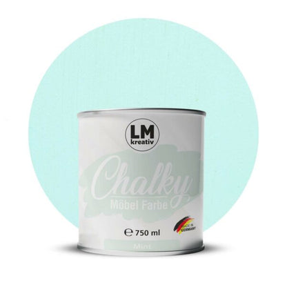 Produktabbildung der LM Kreativ Chalky Moebelfarbe in Mint mit 750 ml Inhalt in runder Farbdose mit mattem Kreidefarben Finish.