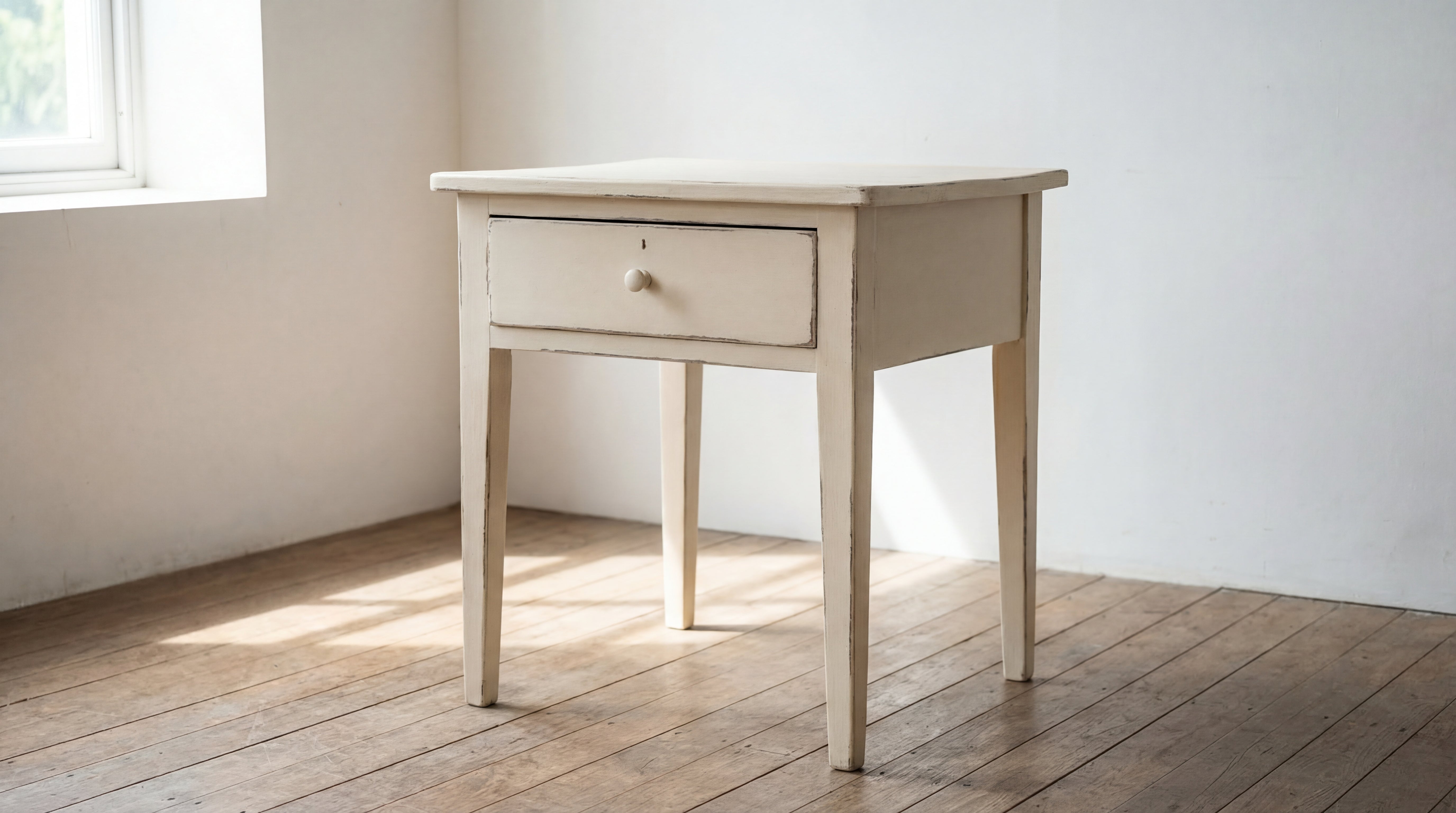 Beistelltisch nach dem Streichen mit LM Kreativ Chalky Moebelfarbe in Weiss im Shabby Chic Look mit matter Oberflaeche.