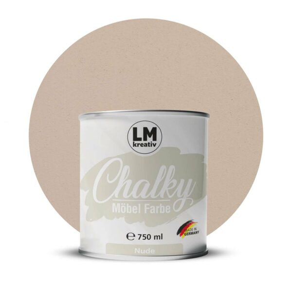 Produktabbildung der LM Kreativ Chalky Moebelfarbe in Nude mit 750 ml Inhalt in runder Farbdose mit mattem Kreidefarben Finish.