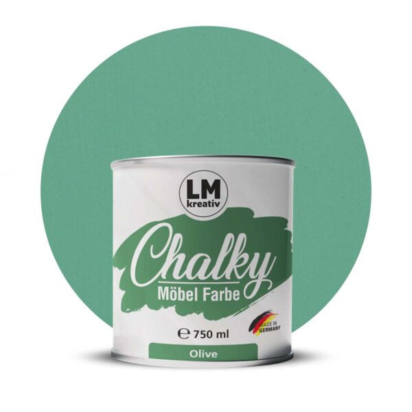 Produktabbildung der LM Kreativ Chalky Moebelfarbe in Olive mit 750 ml Inhalt in runder Farbdose mit mattem Kreidefarben Finish.