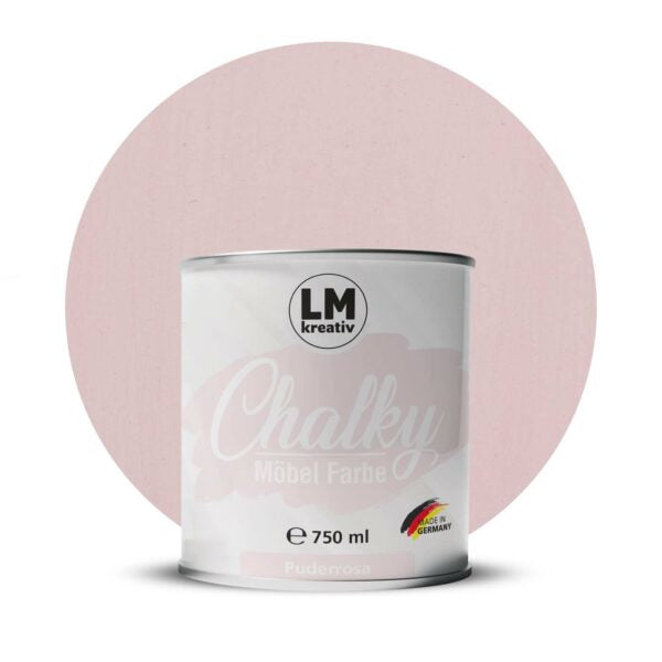 Produktabbildung der LM Kreativ Chalky Moebelfarbe in Pastell Rosa mit 750 ml Inhalt in runder Farbdose mit mattem Kreidefarben Finish.