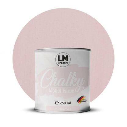 Produktabbildung der LM Kreativ Chalky Moebelfarbe in Pastell Rosa mit 750 ml Inhalt in runder Farbdose mit mattem Kreidefarben Finish.