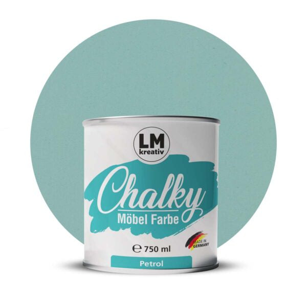 Produktabbildung der LM Kreativ Chalky Moebelfarbe in Petrol mit 750 ml Inhalt in runder Farbdose mit mattem Kreidefarben Finish.