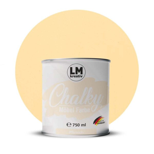 Produktabbildung der LM Kreativ Chalky Moebelfarbe in Pfirsich mit 750 ml Inhalt in runder Farbdose mit mattem Kreidefarben Finish.