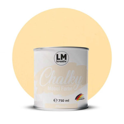 Produktabbildung der LM Kreativ Chalky Moebelfarbe in Pfirsich mit 750 ml Inhalt in runder Farbdose mit mattem Kreidefarben Finish.