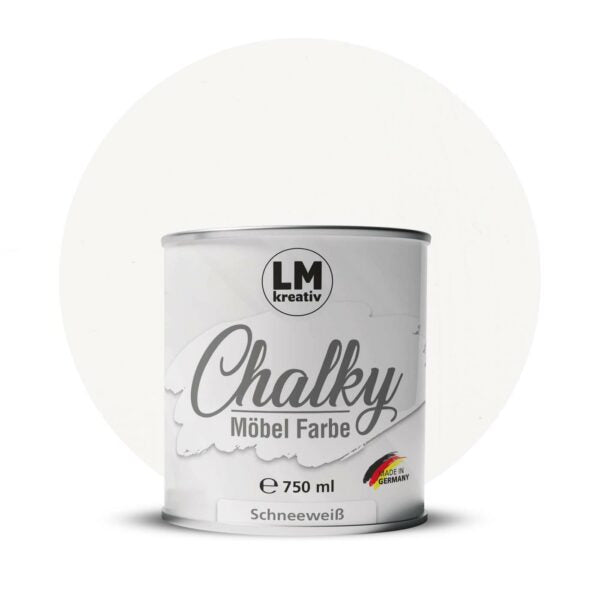 Produktabbildung der LM Kreativ Chalky Moebelfarbe in Schneeweiss mit 750 ml Inhalt in runder Farbdose mit mattem Kreidefarben Finish.