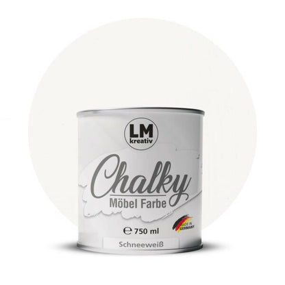 Produktabbildung der LM Kreativ Chalky Moebelfarbe in Schneeweiss mit 750 ml Inhalt in runder Farbdose mit mattem Kreidefarben Finish.