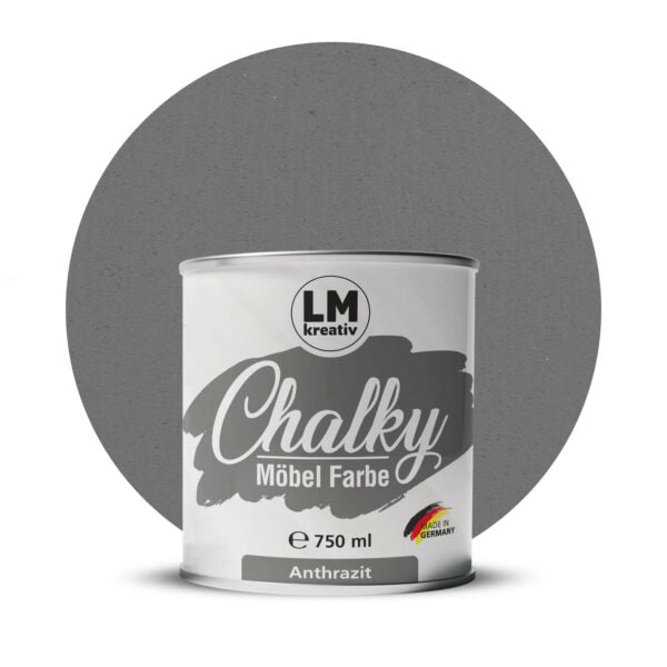 Produktabbildung der LM Kreativ Chalky Moebelfarbe in Schwarz mit 750 ml Inhalt in runder Farbdose mit mattem Kreidefarben Finish.